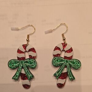 Festive Candy Cane Earrings with Green Bow